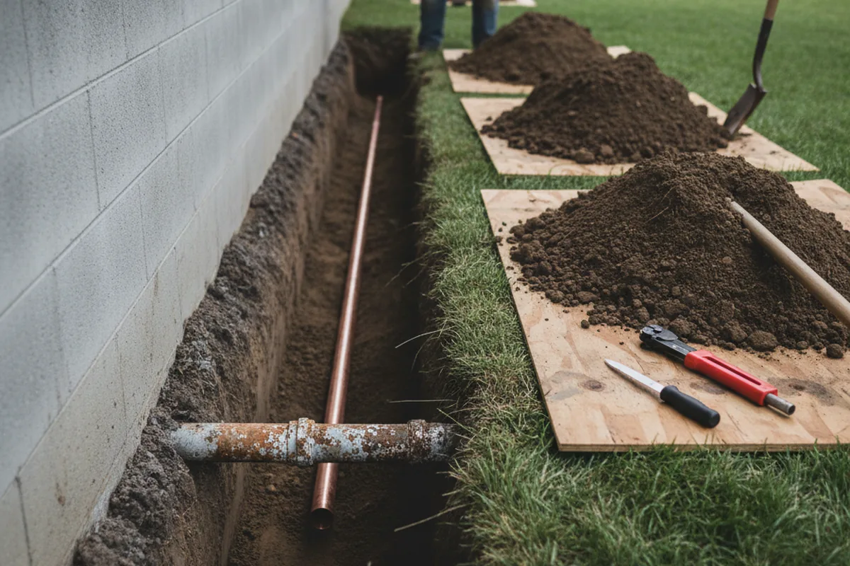 Excavated water line trench during Sewer Line Repair in Cameron